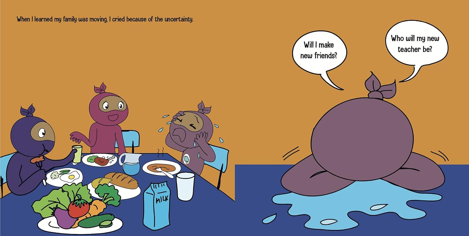 Cartoon illustration of animals around a dinner table with one animal expressing uncertainty about moving and making new friends.
