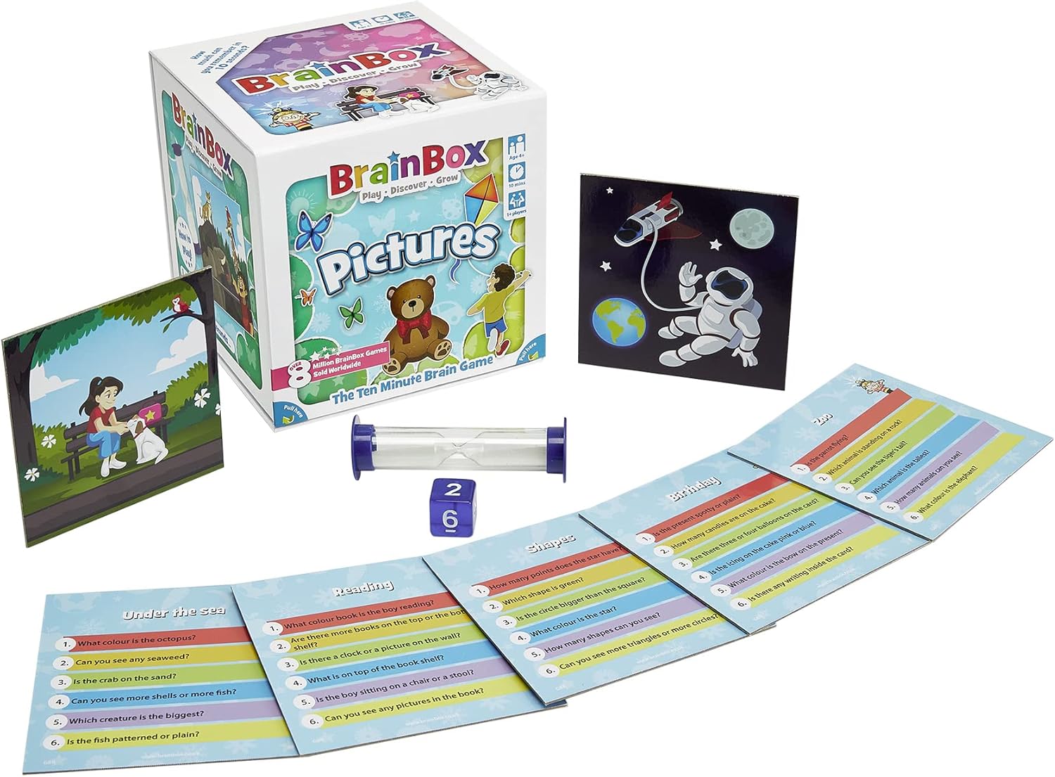 BrainBox Pictures educational game set with cards and dice on a white background