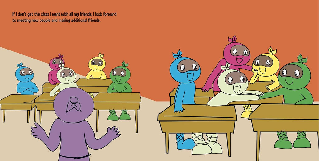 Cartoon characters in a classroom setting with a teacher.