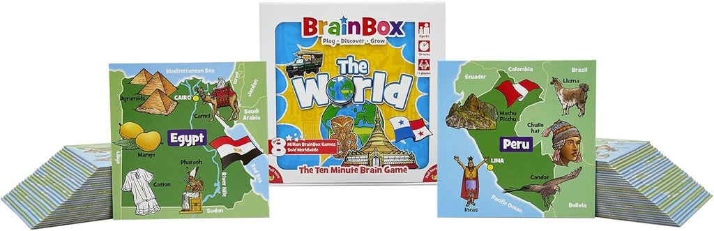 Educational game set for children with maps and cards featuring countries like Egypt, Peru, and BrainBox branding.