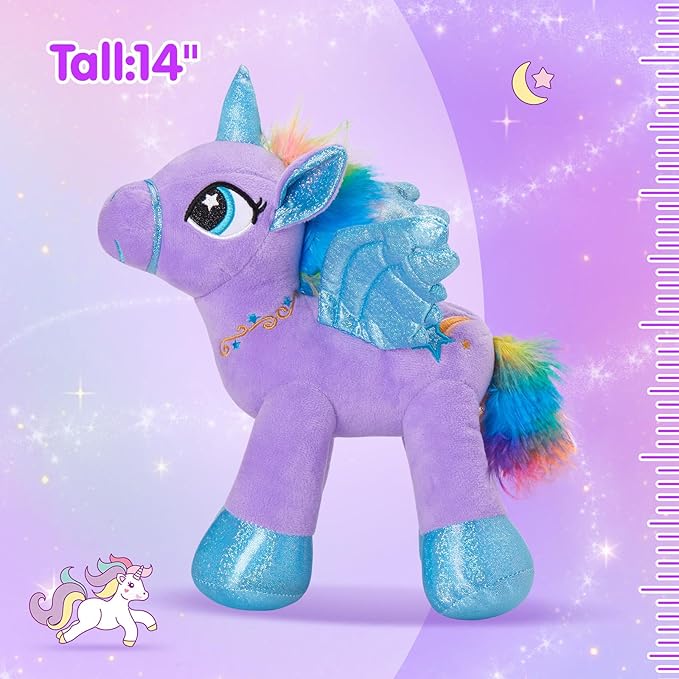 Plush unicorn toy with purple body and blue wings on a purple background