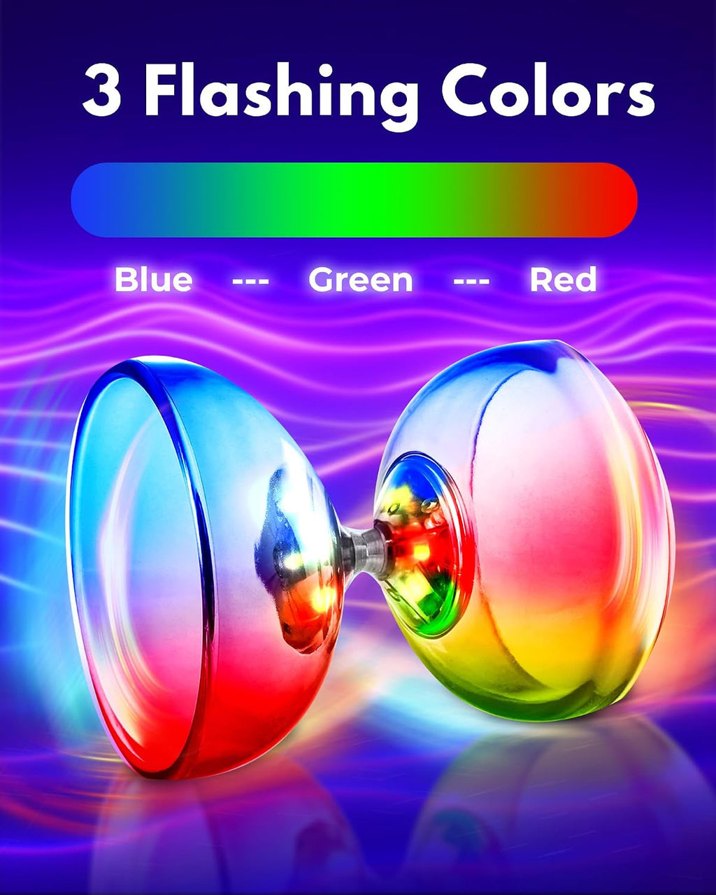 A colorful yoyo with a rainbow gradient finish, shown against a purple and blue background with text reading '3 Flashing Colors' and a blue-green-red spectrum bar.