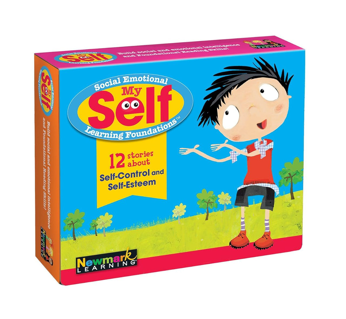 My Self Social Emotional Learning Foundations board book box by NewMe Learning, featuring a bright blue cover with a cartoon boy and colorful title text.