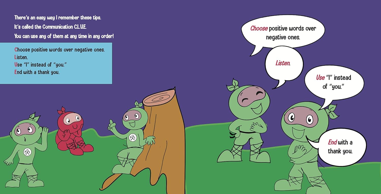 Cartoon characters with speech bubbles teaching communication skills on a purple and green background
