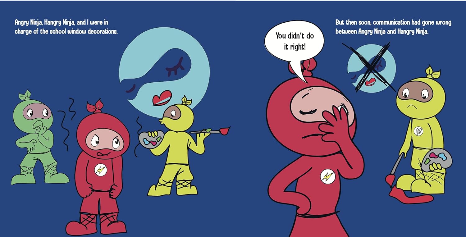 Cartoon characters in colorful outfits with speech bubbles on a blue background
