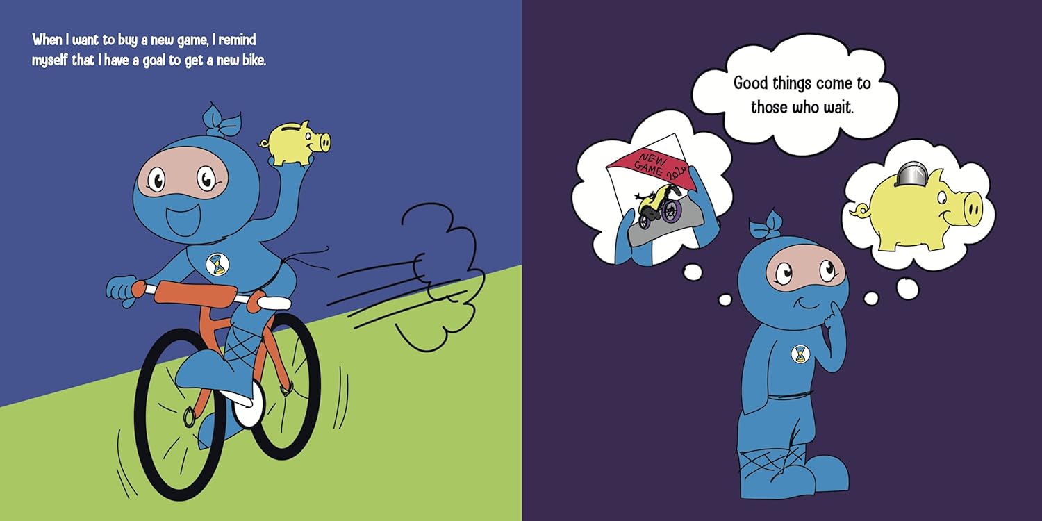 Illustration of a blue character on a bicycle with a thought bubble about waiting for good things.