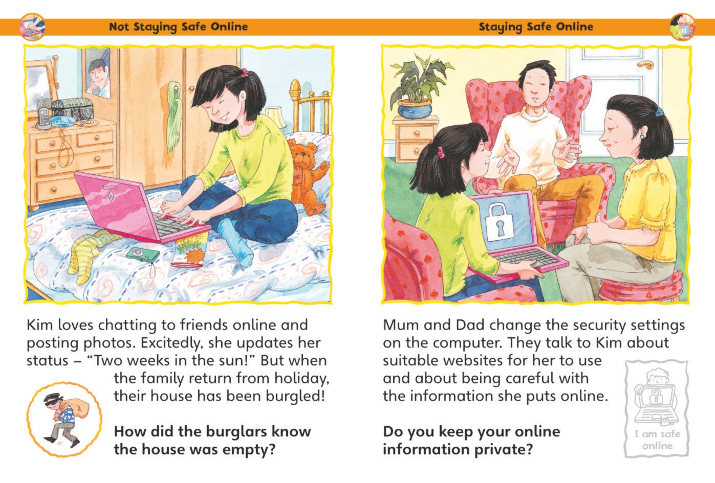 Illustrated book page about online safety with two scenes showing a child and parents using computers.