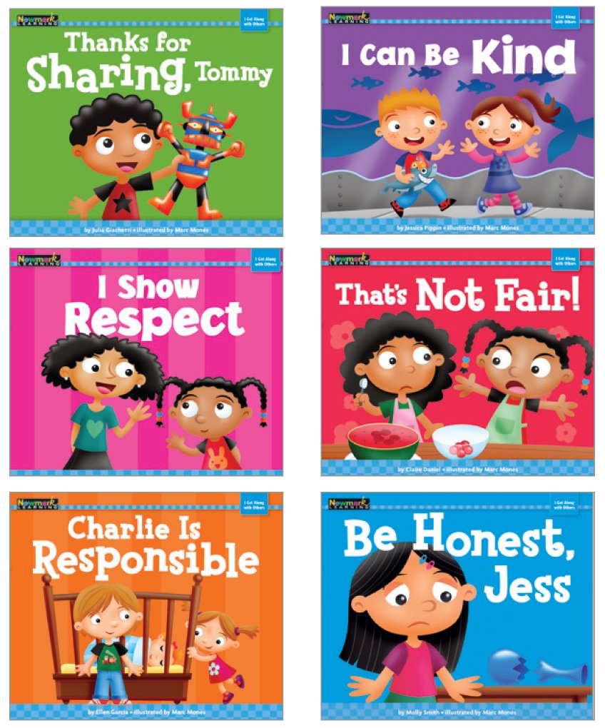 Set of six children's books with colorful covers and character illustrations.