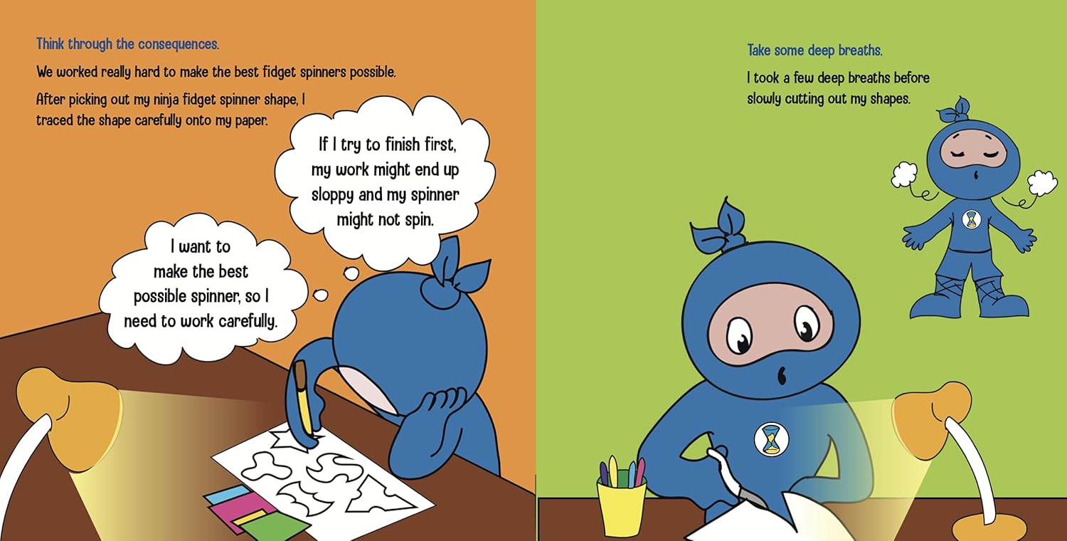 Illustrated book page with a blue character making a spinner, showing thought bubbles and actions.