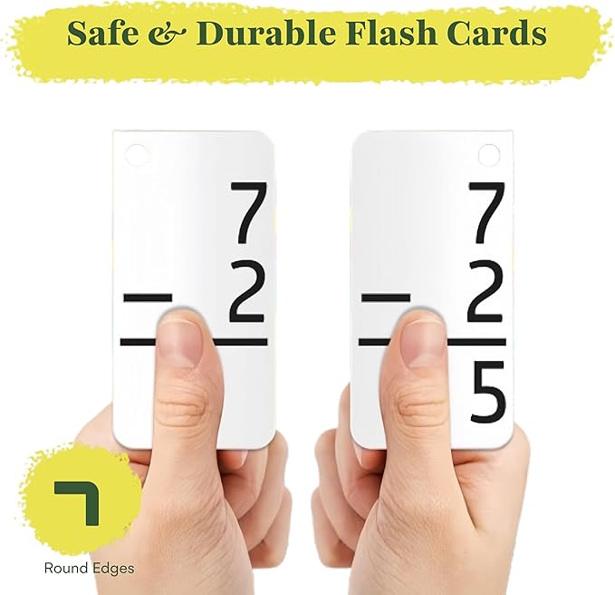 Two hands holding white flash cards with black numbers and equations, labeled 'Safe & Durable Flash Cards'.