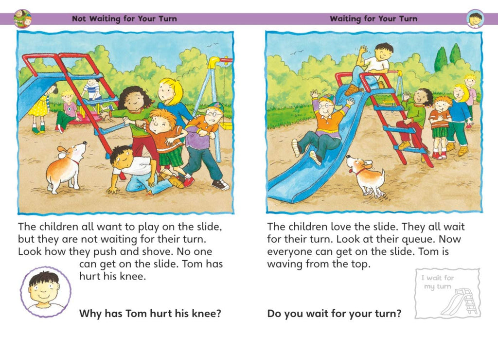 Illustration of children playing on a playground with text about taking turns.