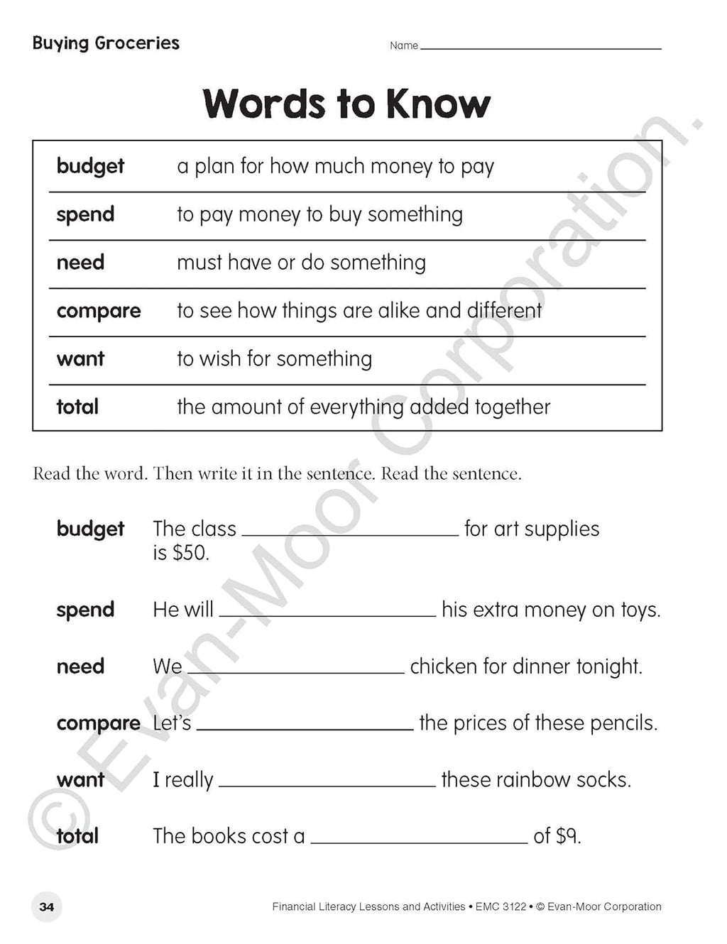Sheet with vocabulary words and sentences for educational purpose