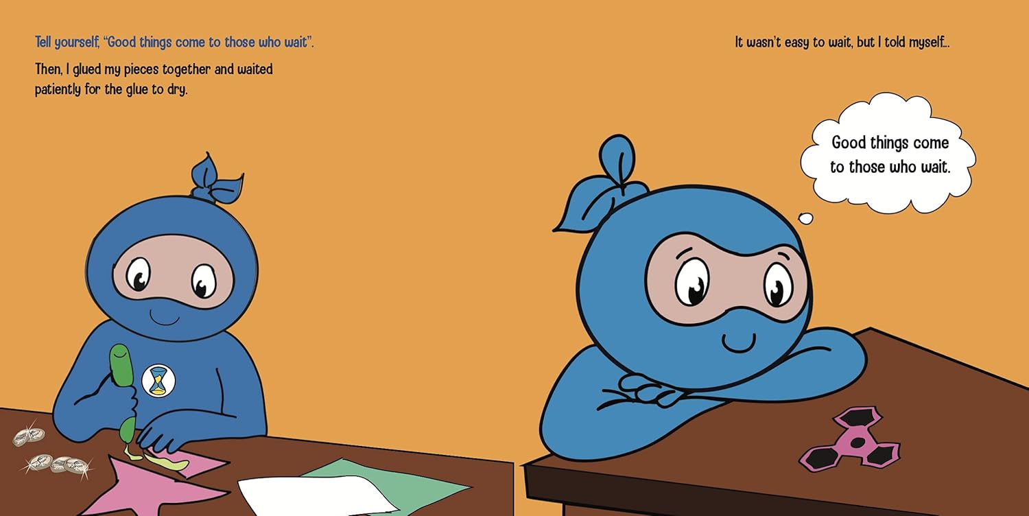 Cartoon characters in blue hoodies sitting at a table with fidget spinners, one character speaks about waiting for good things.