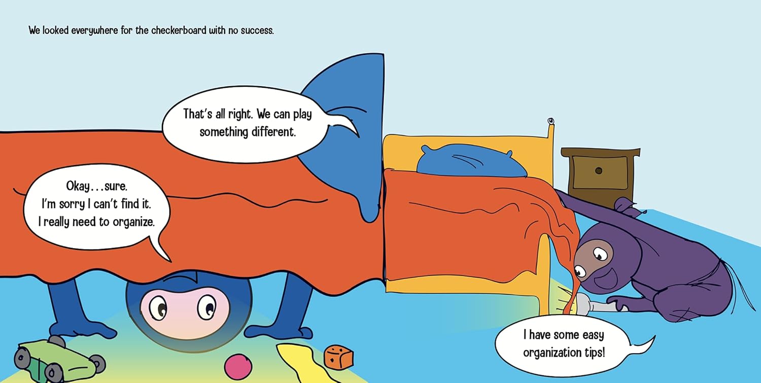 Cartoon of a shark and a purple creature organizing toys in a bedroom.