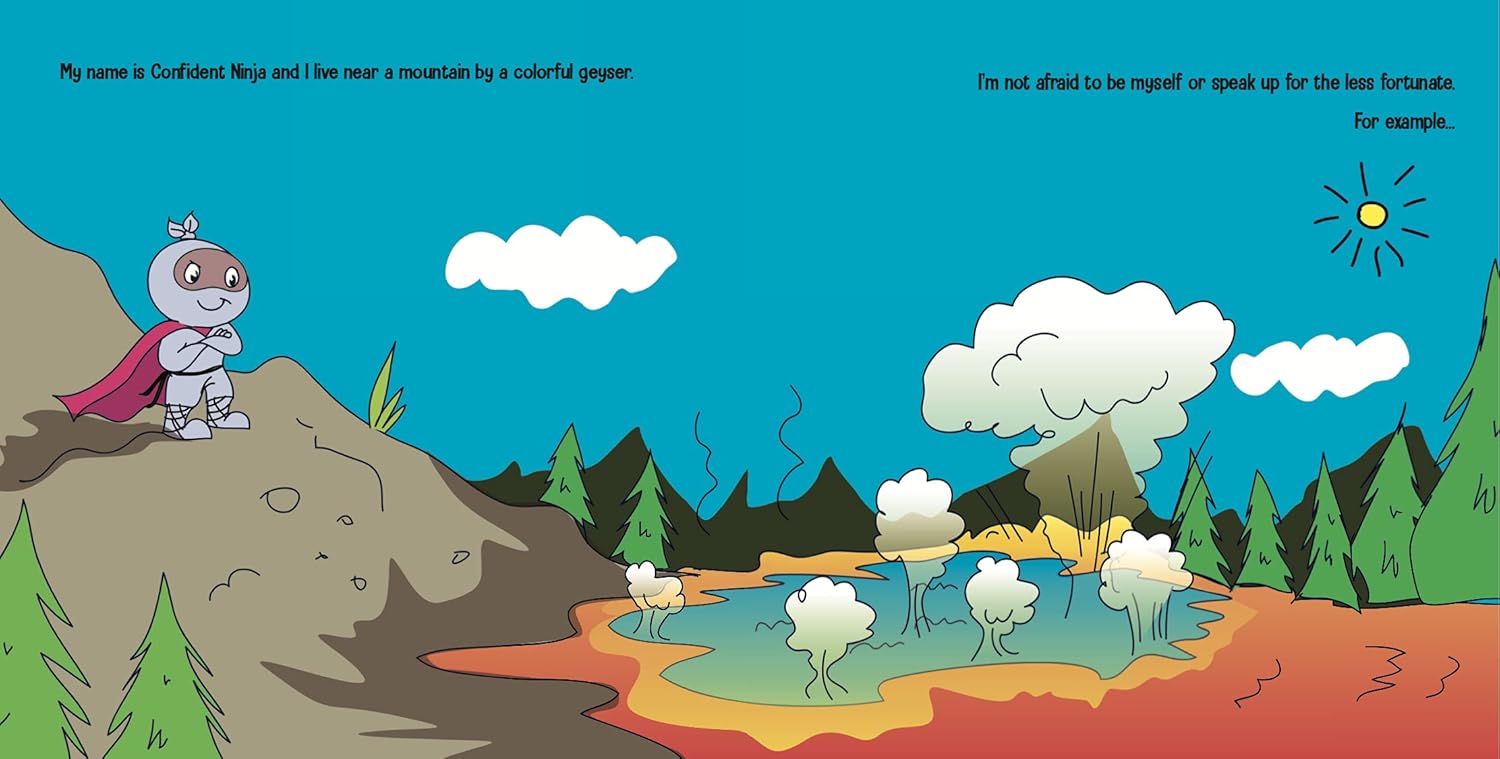 Cartoon character on a mountain with a colorful landscape and text.