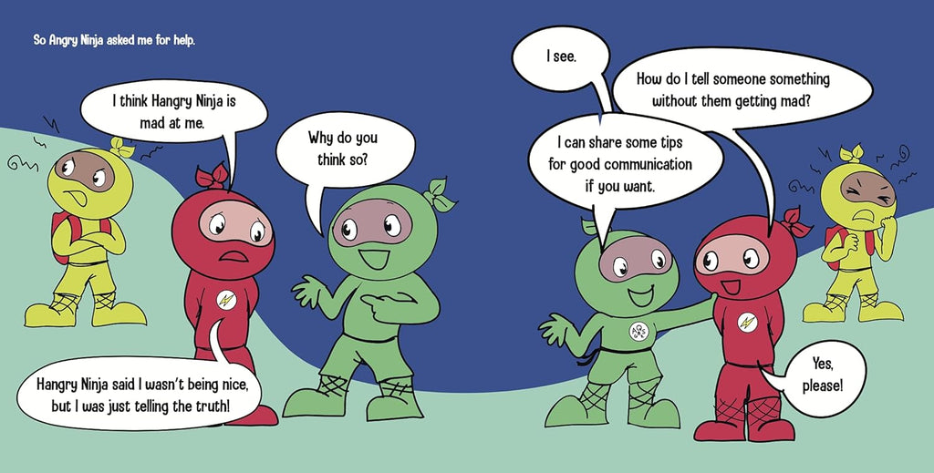 Cartoon characters in a discussion about communication on a blue and green background