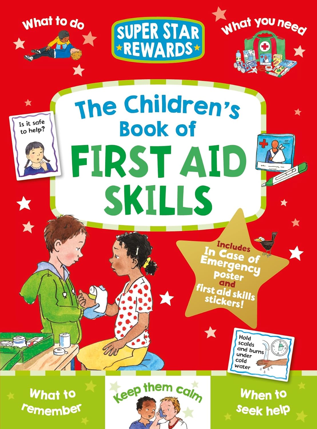 Children's book cover about first aid skills with illustrations and text on a red background.