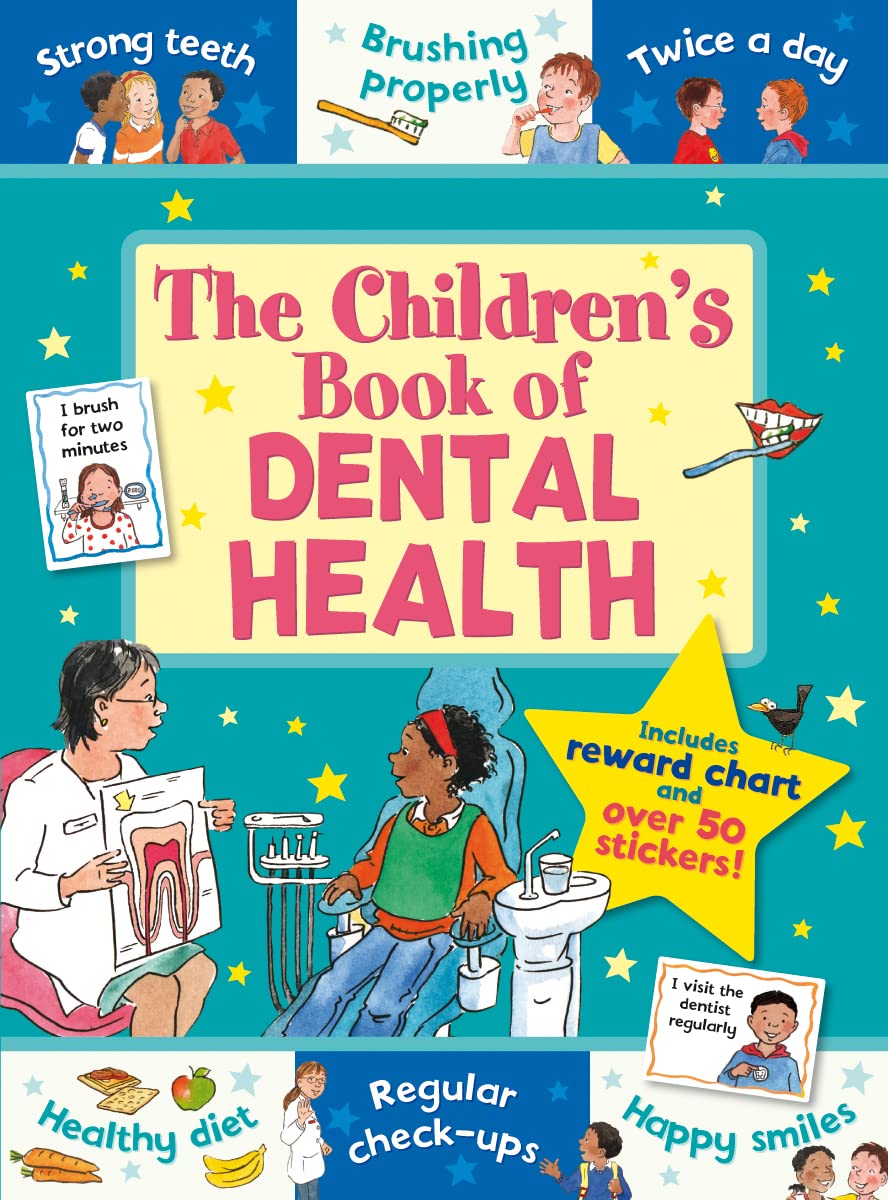 Children's book about dental health with illustrations and text on a blue background