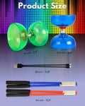 Product size diagram showing a green and blue yo-yo, a blue sandbag, a black charging cable, and two handles with grip tape, each labeled with dimensions against a rainbow LED-style background.