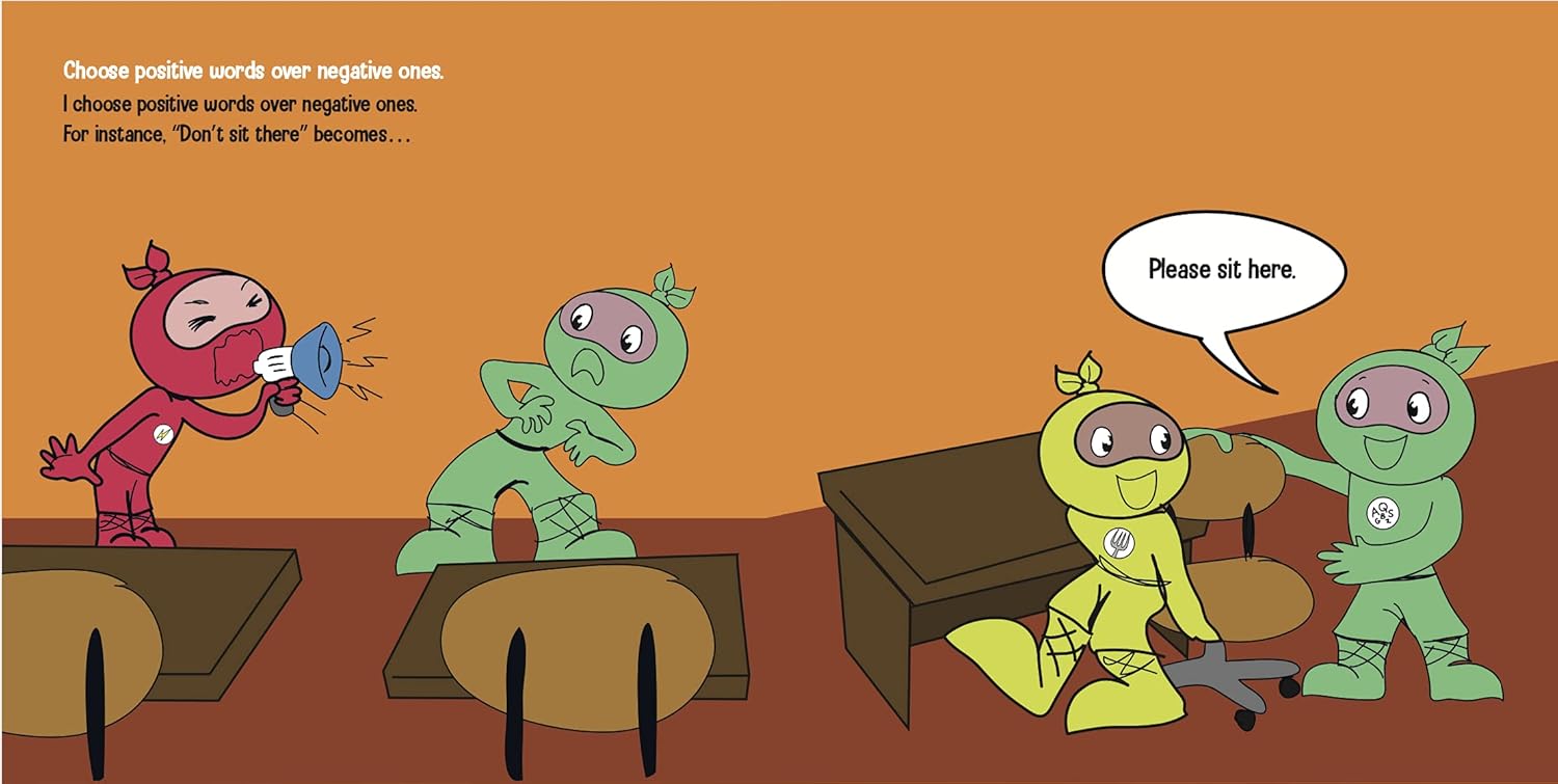 Cartoon scene with characters interacting over a table, with text about choosing positive words.