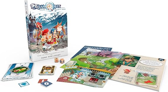Board game set with cards and box featuring characters and graphics on a white background