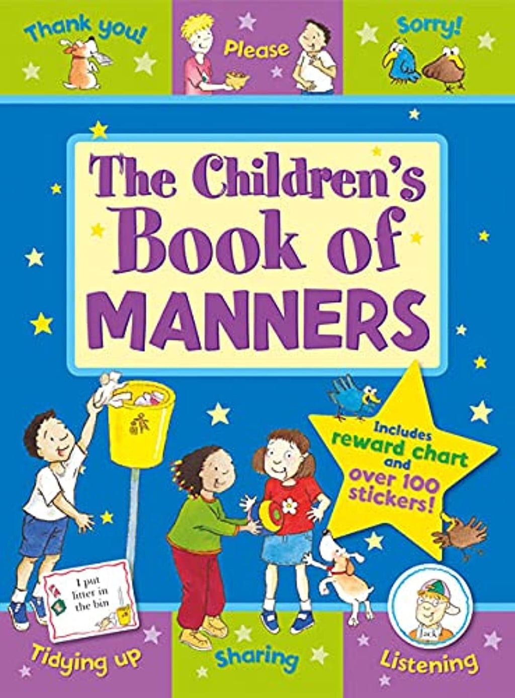 Children's book of manners with colorful illustrations and text on a blue background