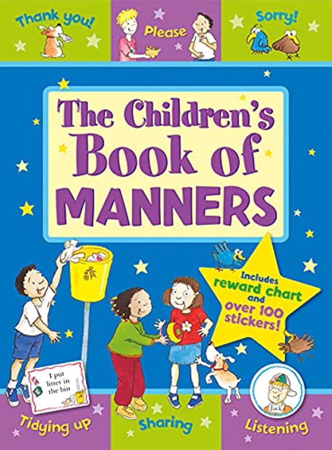 Children's book of manners with colorful illustrations and text on a blue background