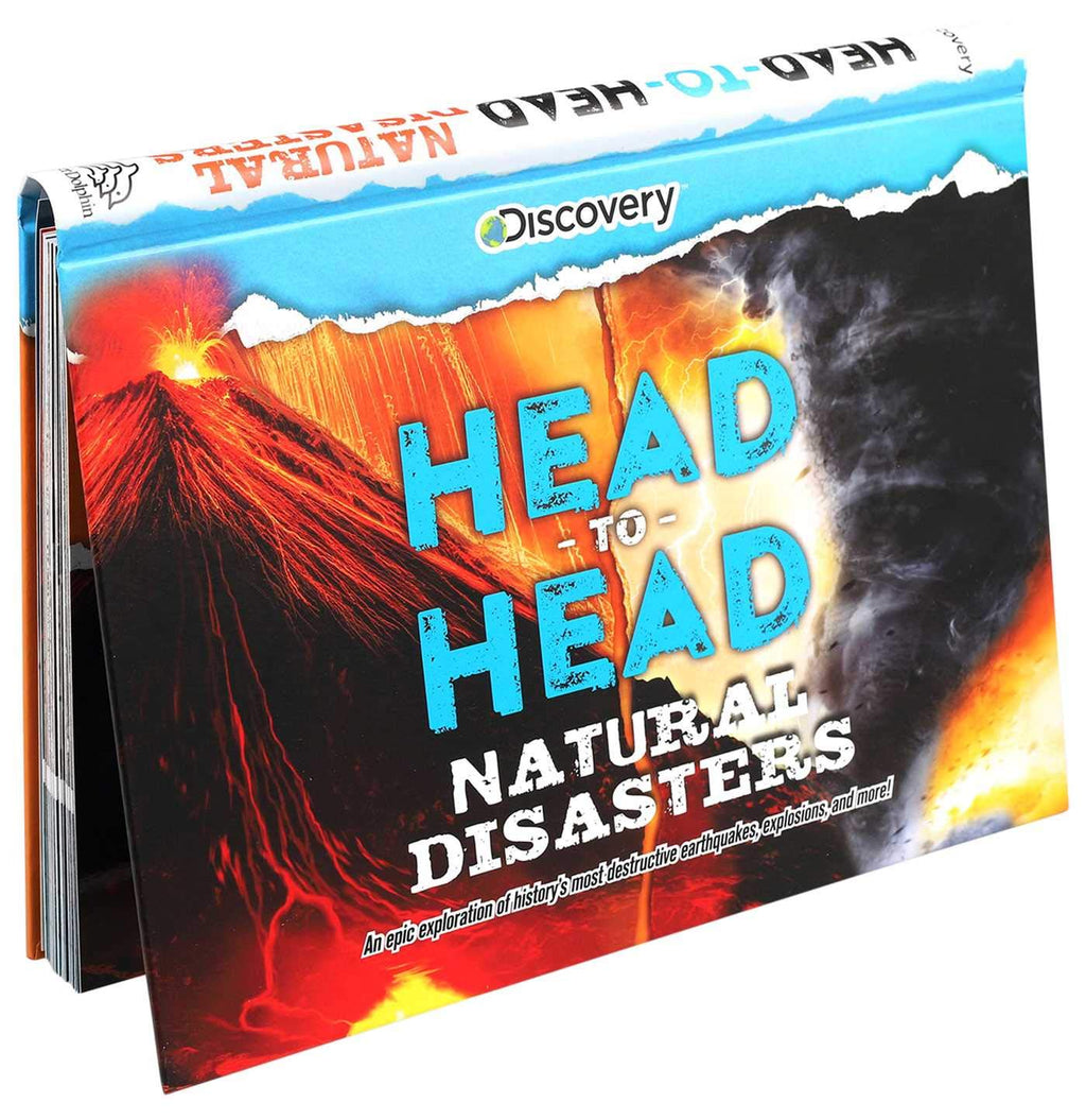 Book titled 'Head to Head Natural Disasters' with a fiery design on the cover.