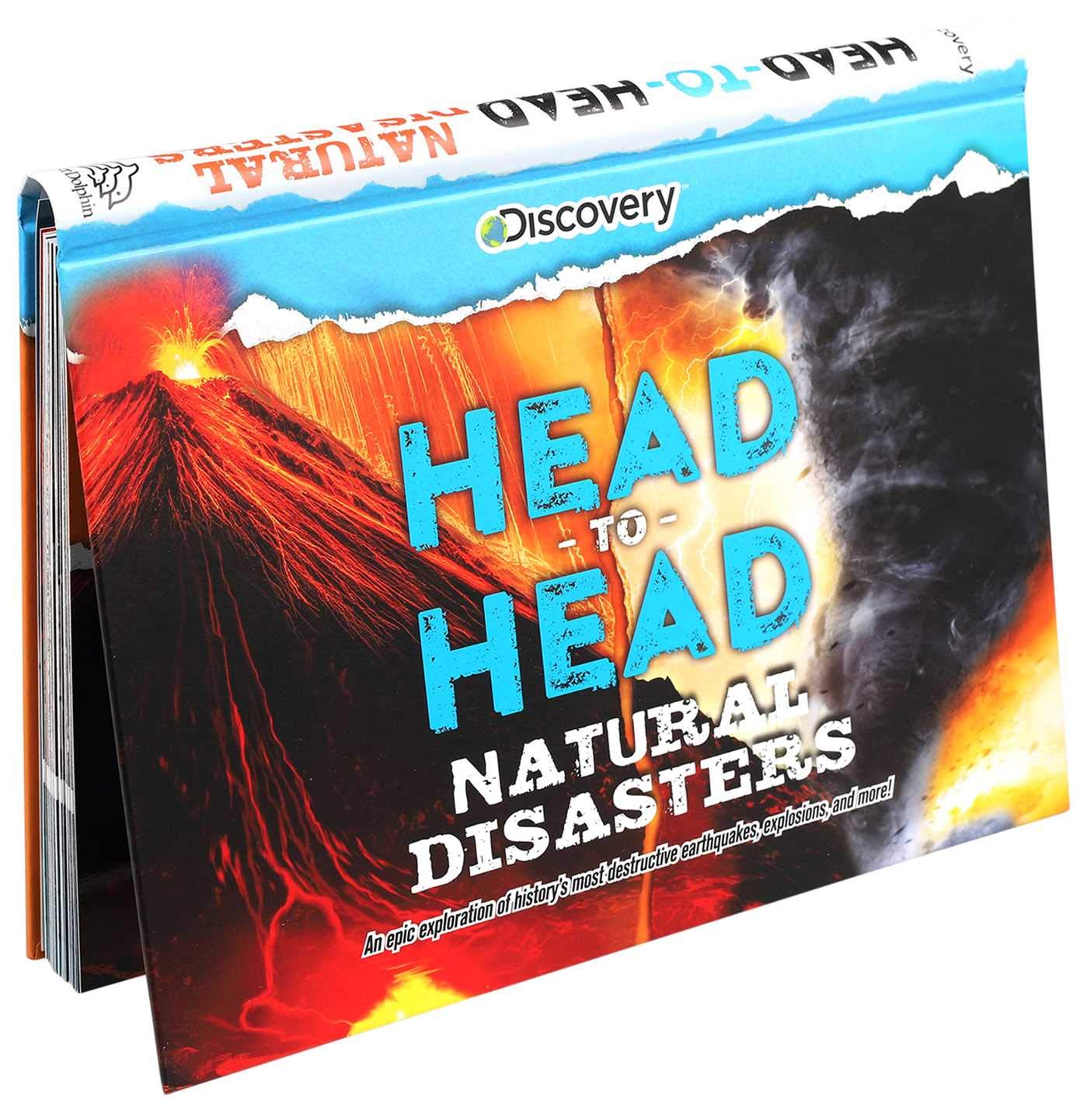 Book titled 'Head to Head Natural Disasters' with a fiery design on the cover.