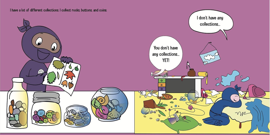 Comic strip with two characters discussing collections, one with items like rocks, buttons, and coins, the other with a messy room.