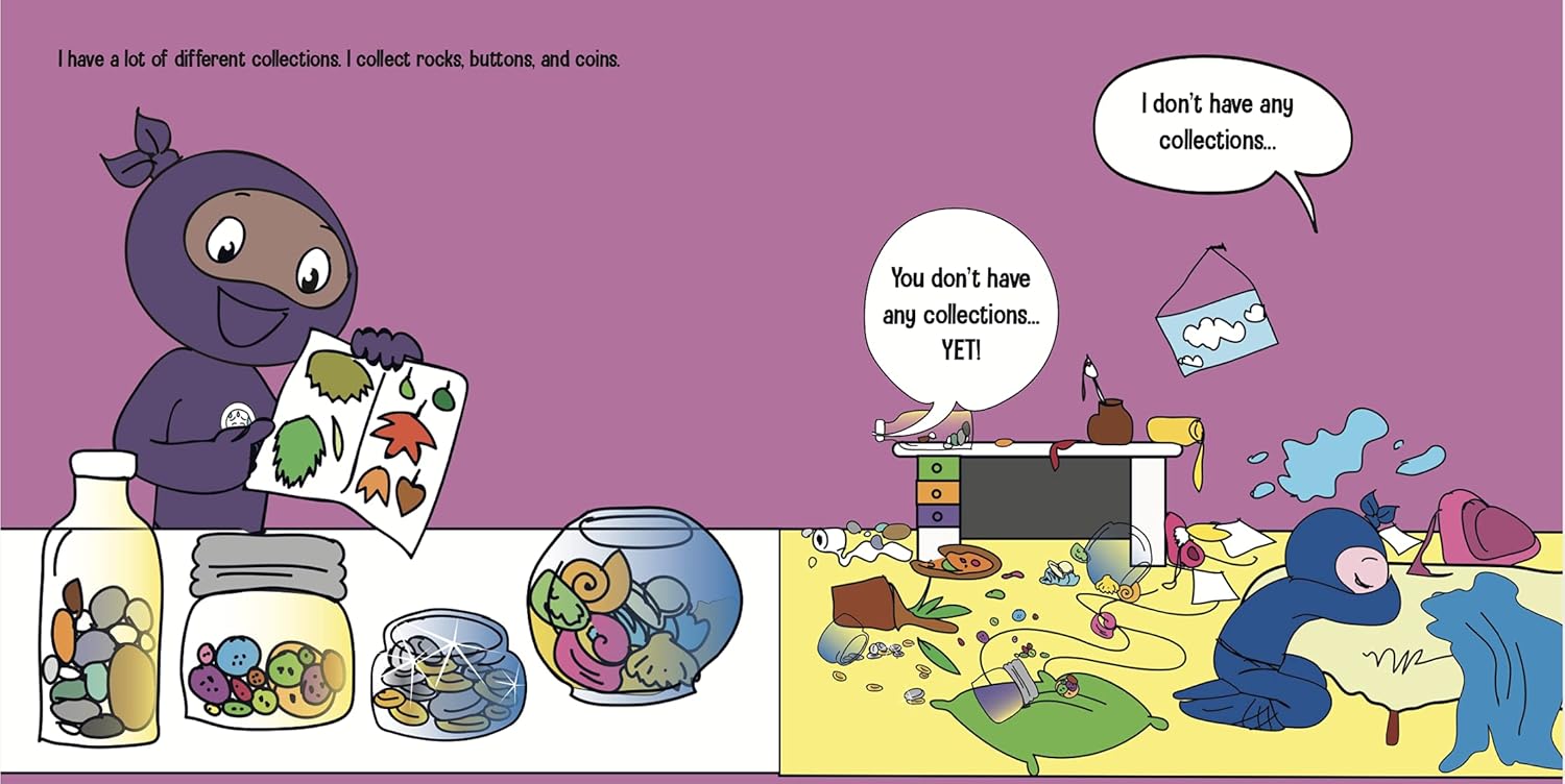 Comic strip with two characters discussing collections, one with items like rocks, buttons, and coins, the other with a messy room.