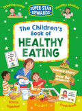Children's book about healthy eating with colorful illustrations and text on a green background.