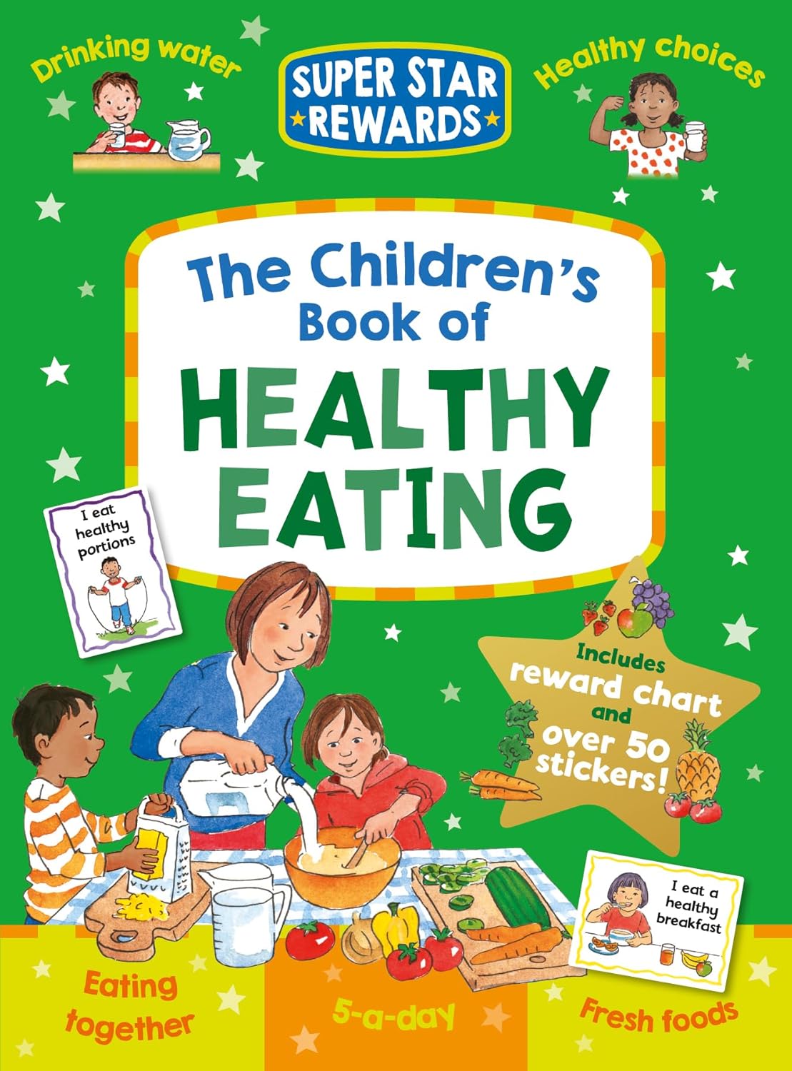 Children's book about healthy eating with colorful illustrations and text on a green background.