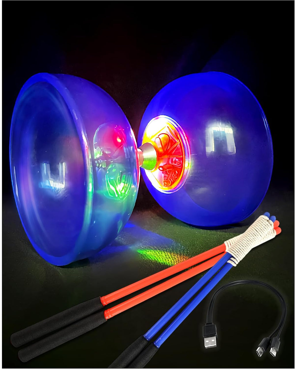 Rechargeable LED Juggling Diabolo, Translucent Impact-Resistant Plastic with Triple Bearing for Smooth Spin, Includes Hand Sticks and Extra String, Skill Toy for Teens and Adults