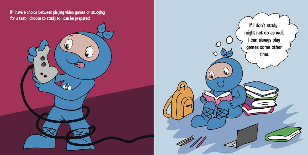 Cartoon character choosing between gaming and studying with text bubbles.
