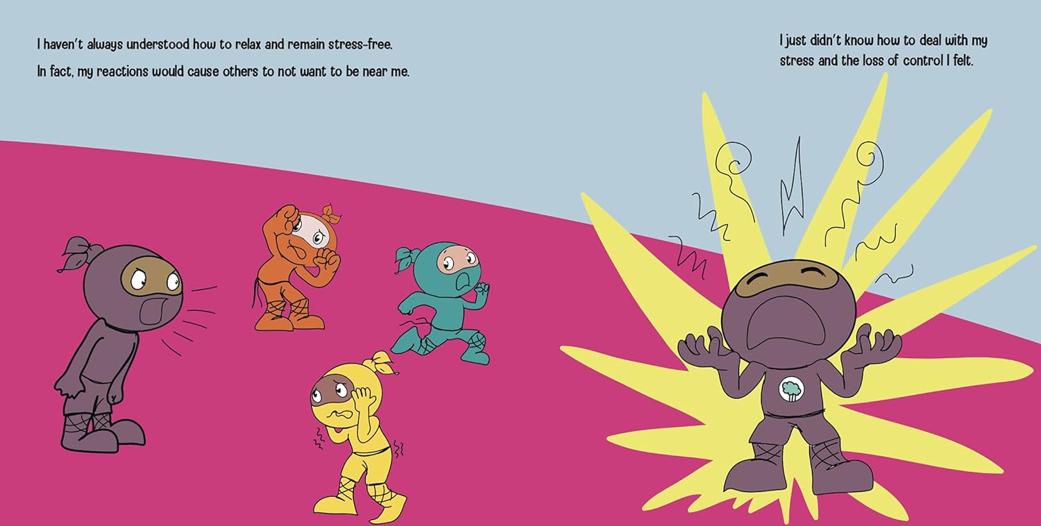 Cartoon characters with a central character experiencing stress, on a pink and blue background.