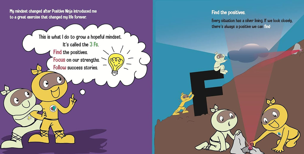 Illustrated book pages with cartoon characters and motivational text on a purple and blue background.