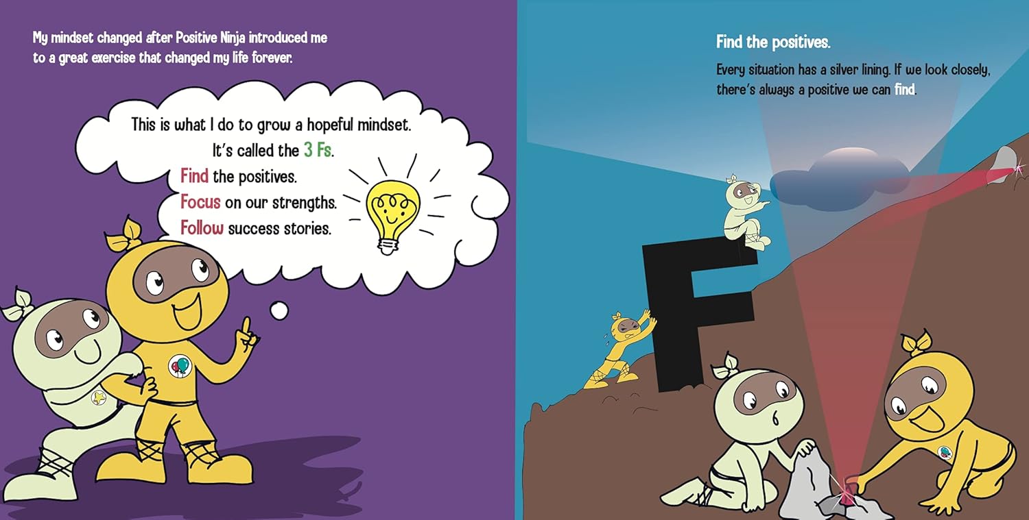Illustrated book pages with cartoon characters and motivational text on a purple and blue background.
