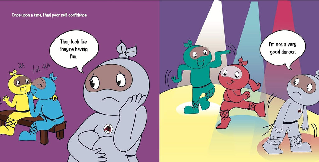Cartoon characters in a dance studio with dialogue bubbles on a purple background