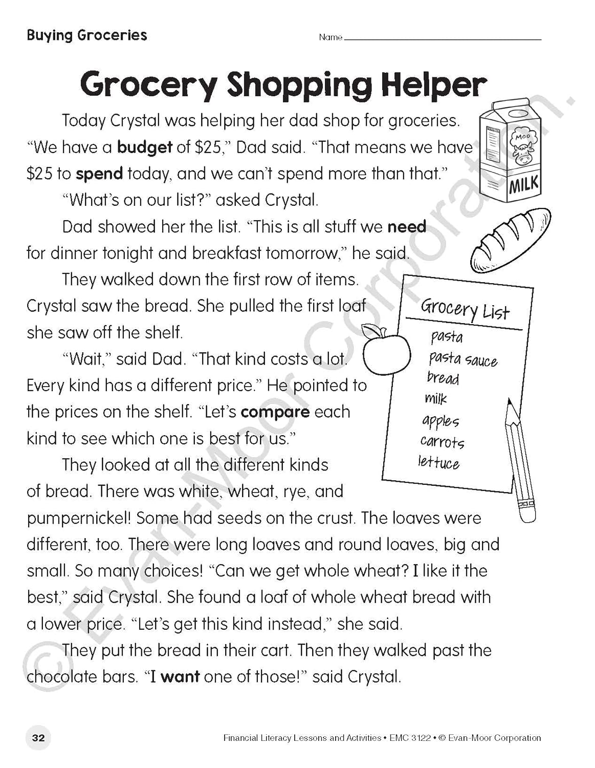 Page from a book titled 'Grocery Shopping Helper' with text and illustrations about grocery shopping.