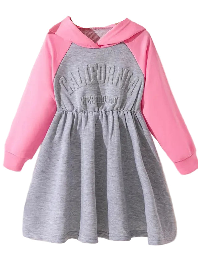 Gray dress with pink sleeves and hood on a white background