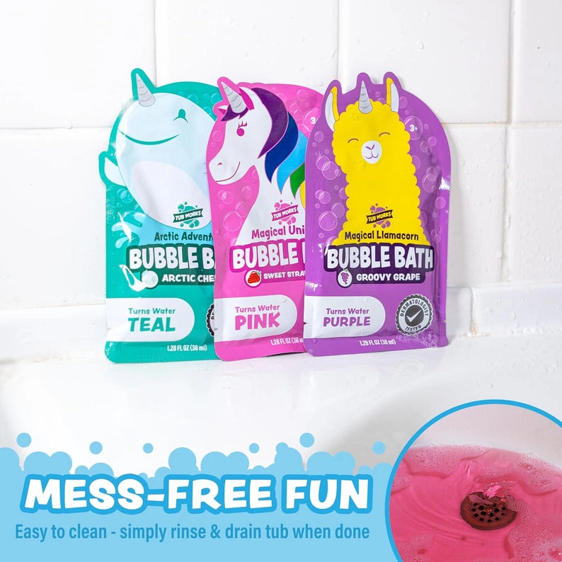 Three packages of bubble bath with colorful designs on a tiled wall background.