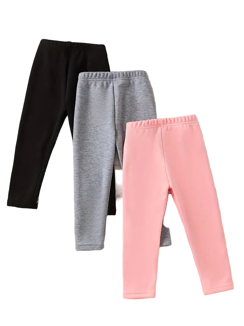 Three pairs of leggings in black, gray, and pink on a white background
