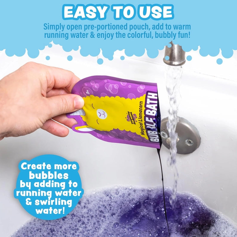 Hand pouring a bubble bath packet into water with text on how to use it.
