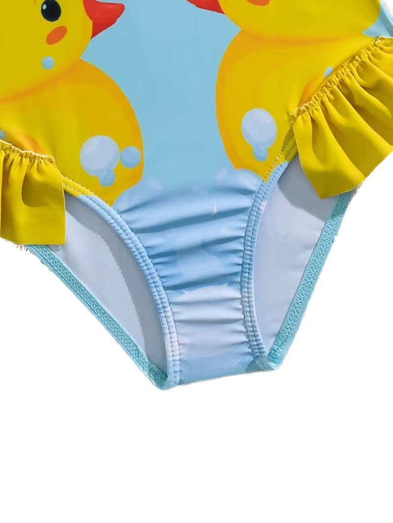 Cute Duckling Double Ruffle Bow Girls' One-Piece Swimsuit