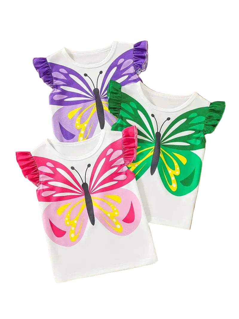 White shirts with colorful butterfly wings on a white background