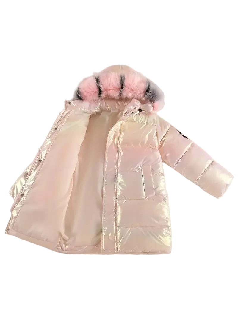 Iridescent puffer jacket with pink fur hood on a light gray background