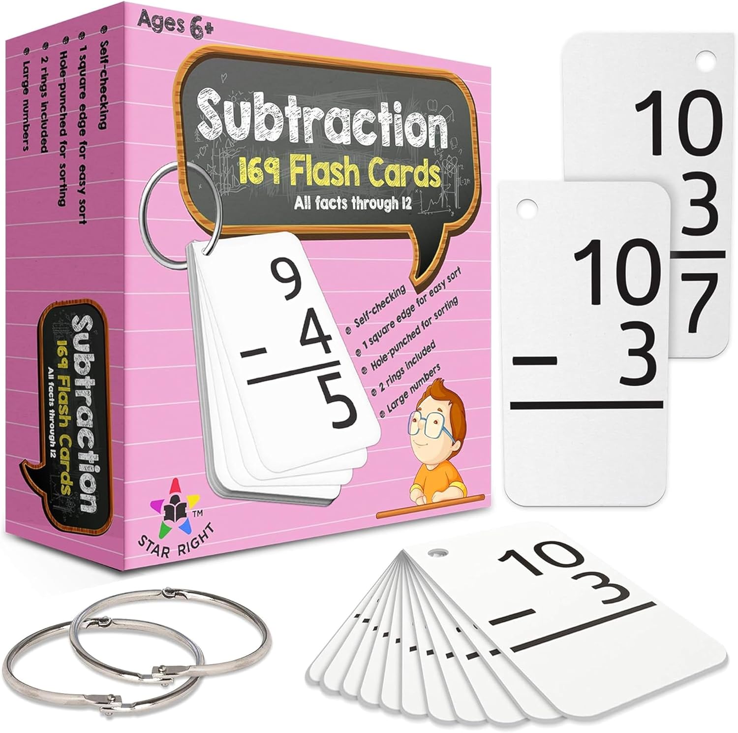 Subtraction flash card set with pink packaging and cards showing subtraction problems.