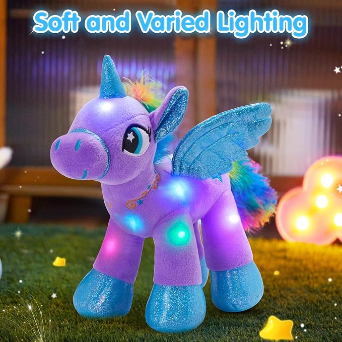 Purple unicorn toy with LED lights on a grassy area with soft lighting