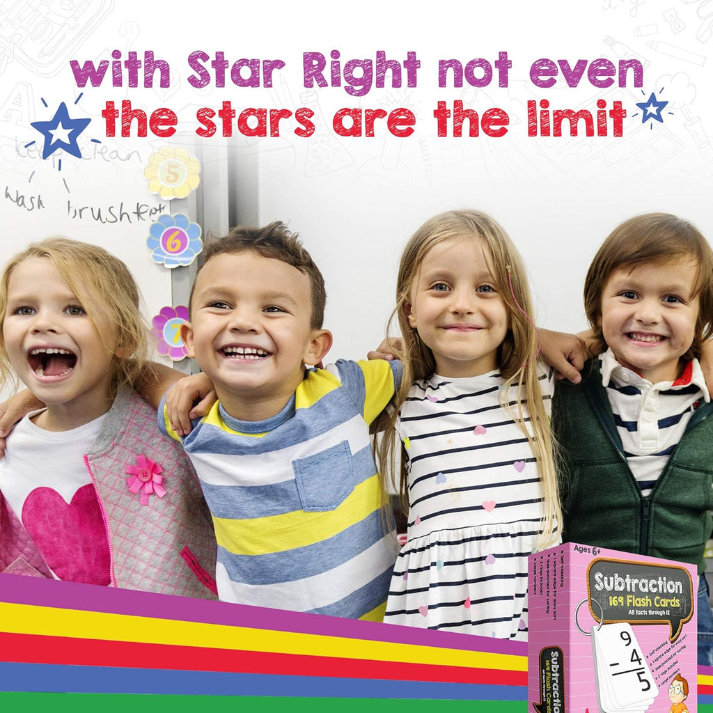 Four children smiling with educational materials and text about Star Right educational products.